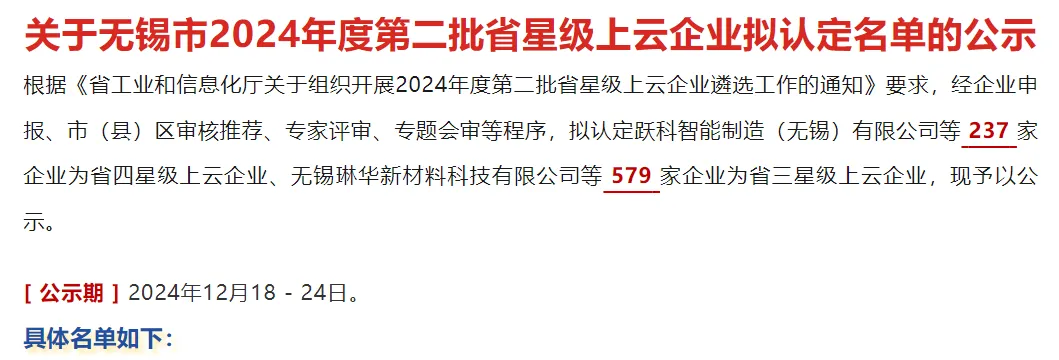 關于無錫市2024年度第二批省星級上云企業(yè)擬認定名單的公示